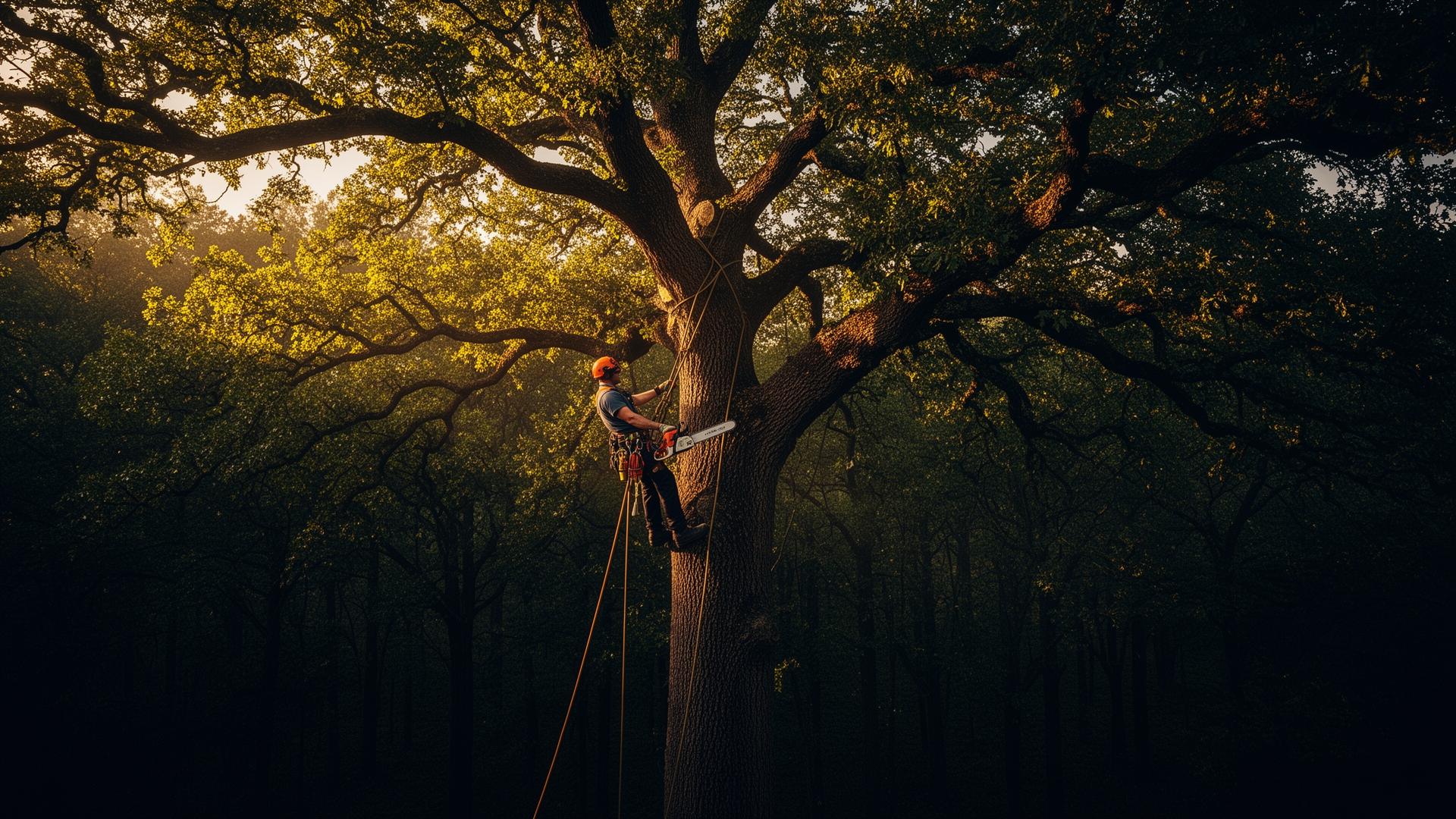 Professional arborist working high in a tree